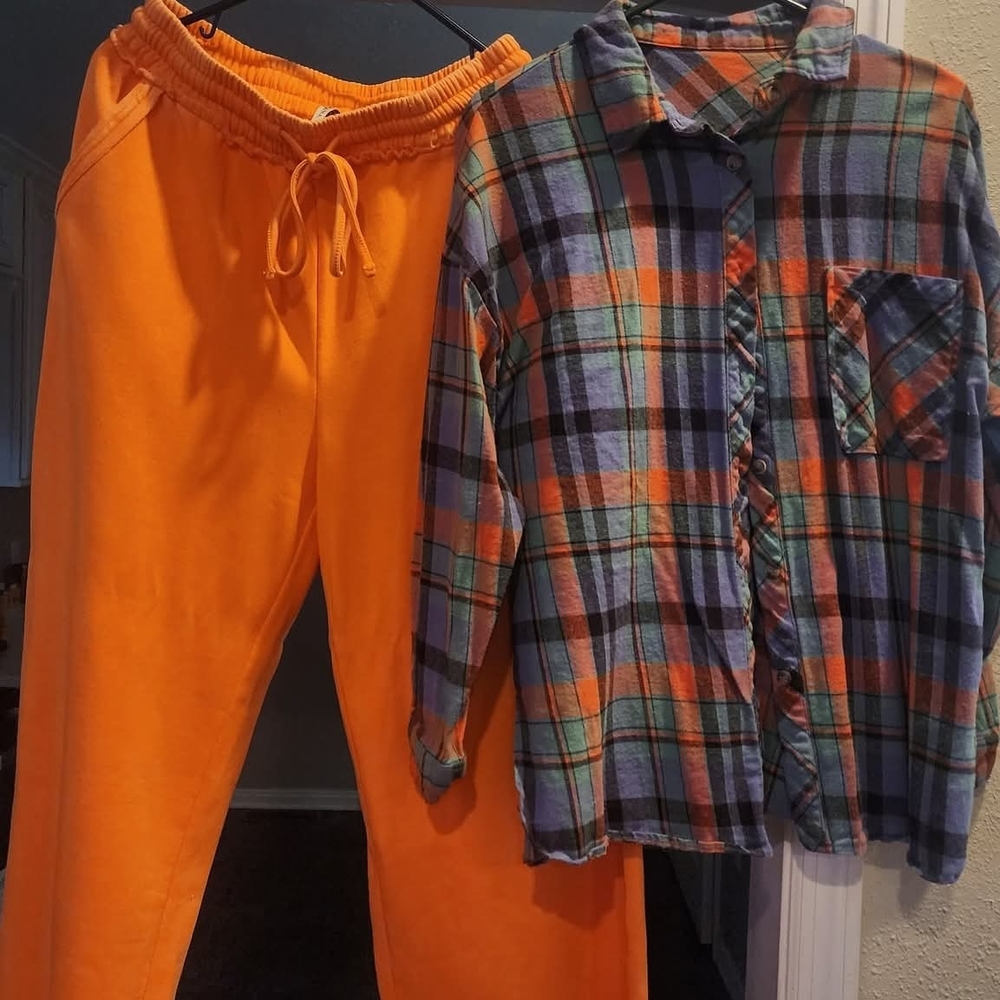 Plaid Kids Pajama Set - Orange and Multicolor
